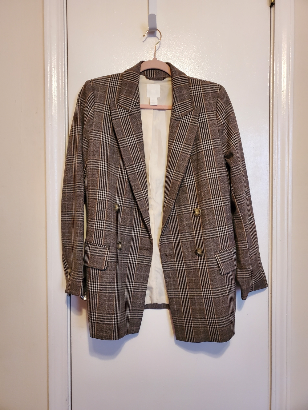 H&M Brown Plaid Double-Breasted Blazer